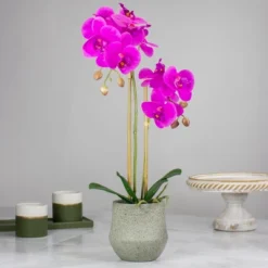 Northlight 14" Purple Artificial Orchid Plant With A Gray Stone Pot