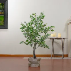 Northlight 47" Artificial Variegated Green And Ivory Leaf Ficus Potted Plant