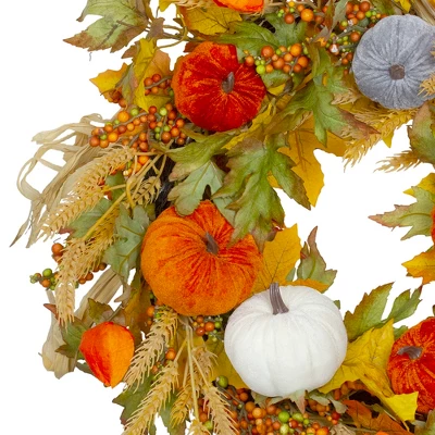 Northlight Velvet Pumpkins And Wheat Artificial Fall Harvest Wreath - 24-Inch, Unlit 4 Northlight Velvet Pumpkins And Wheat Artificial Fall Harvest Wreath - 24-Inch, Unlit - Image 2