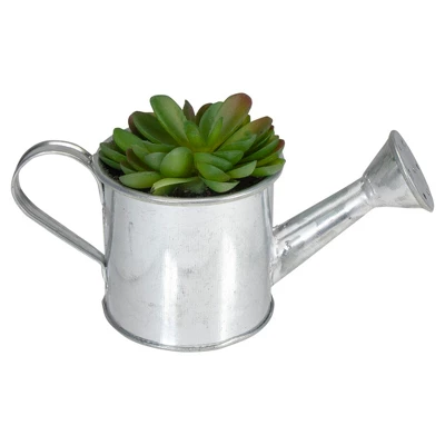 Northlight 4" Echeveria Succulent In Watering Can Artificial Potted Plant - Green/Silver 4 Northlight 4" Echeveria Succulent In Watering Can Artificial Potted Plant - Green/Silver - Image 2