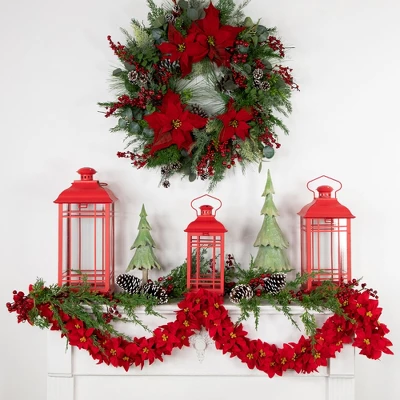 Northlight 6' X 3" Red Artificial Poinsettia Floral Christmas Garland - Unlit 4 Northlight 6' X 3" Red Artificial Poinsettia Floral Christmas Garland - Unlit - Image 2