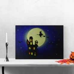 Northlight Fiber Optic And LED Lighted Witch In The Moon Halloween Canvas Wall Art 12" X 15.75"