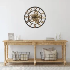 Northlight 24" Gold And Black Battery Operated Round Wall Clock With Cogs