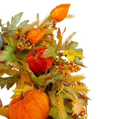 Northlight Velvet Pumpkins And Wheat Artificial Fall Harvest Wreath - 24-Inch, Unlit 5 Northlight Velvet Pumpkins And Wheat Artificial Fall Harvest Wreath - 24-Inch, Unlit - Image 3