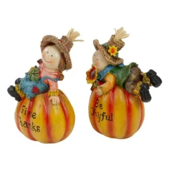 Northlight Set Of 2 Girl And Boy Scarecrows On Pumpkins Fall Figurines 6" -Northlight GUEST f340538e 067f 4be2 bcae 363980a543fb